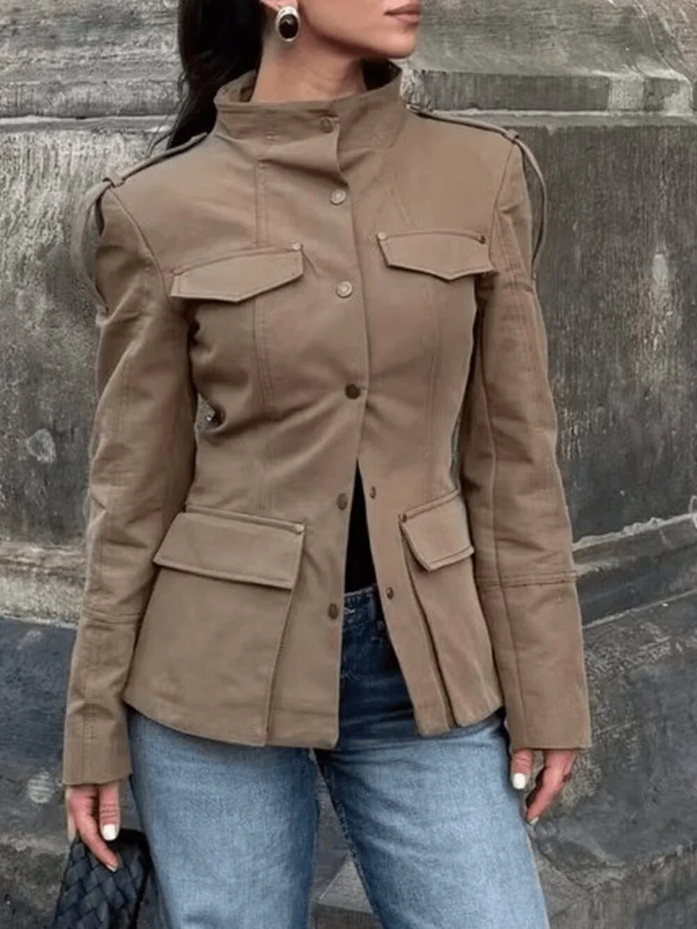 Khaki Casual Women's Epaulet Design Stand Collar Fitted Jacket